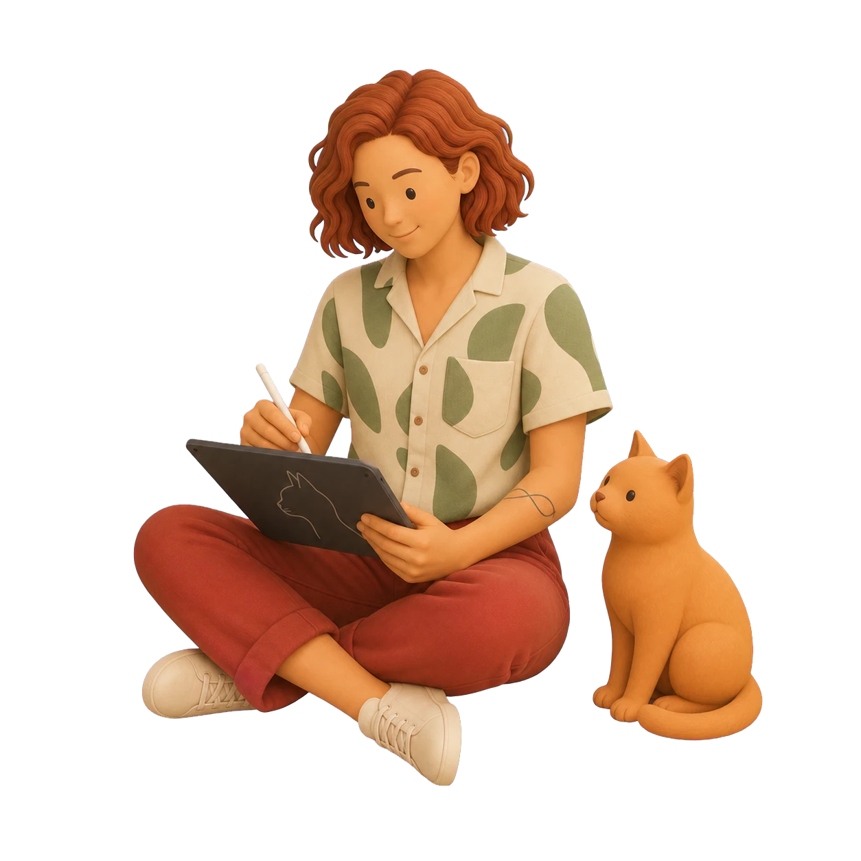 Persona sentada junto a su gato naranja, dibujándolo en una tablet