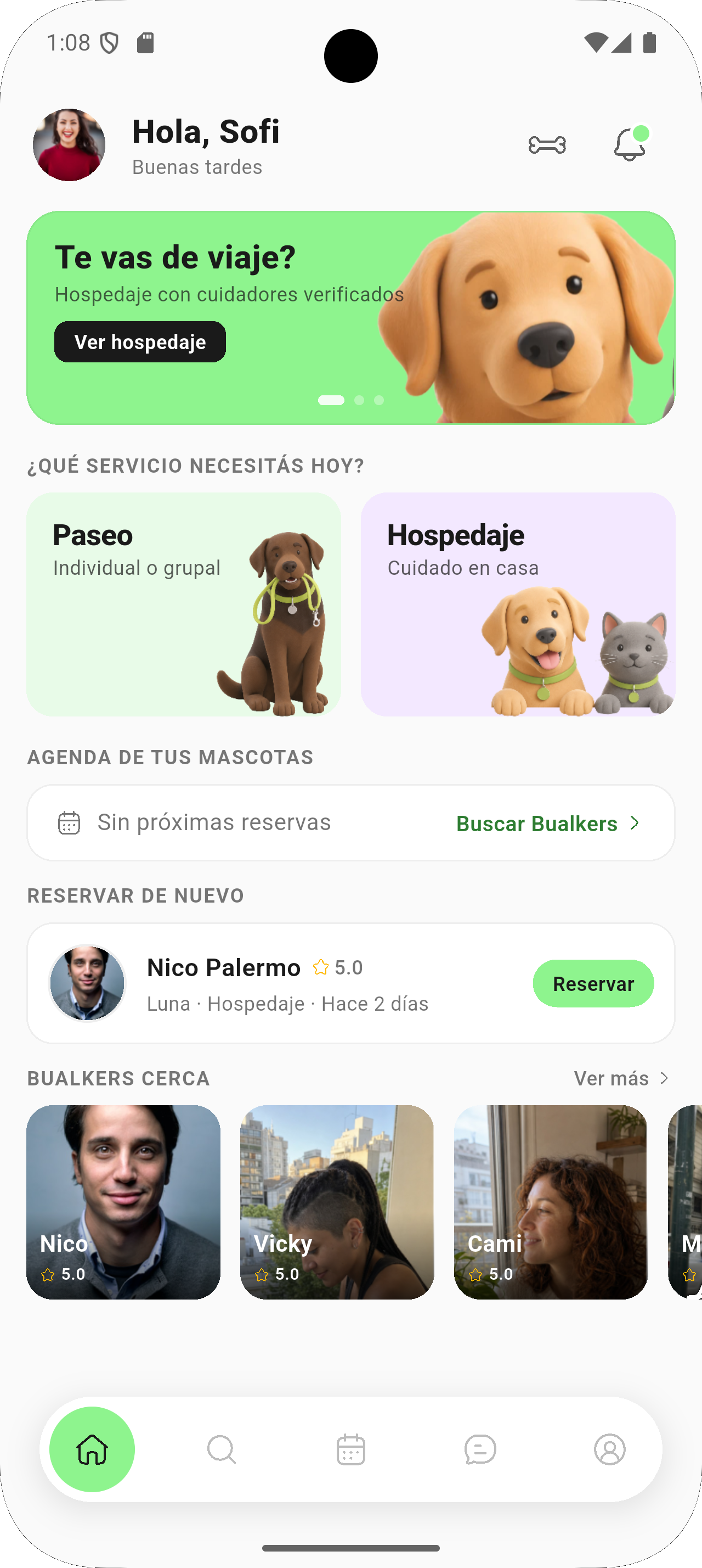 App de Bualky mostrando próximas reservas y agenda