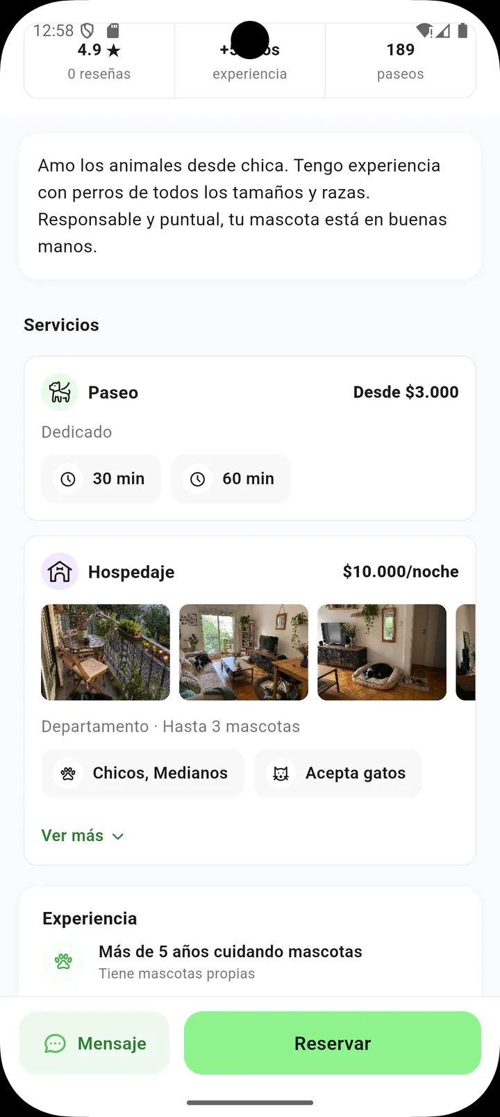 Perfil de un Bualker con servicios de hospedaje y fotos del hogar