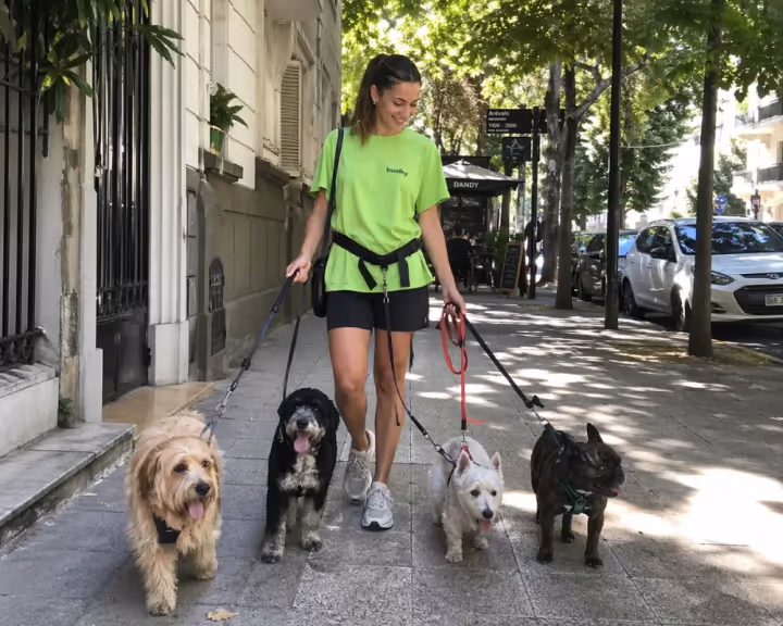 Paseadora de Bualky con cuatro perros en el barrio