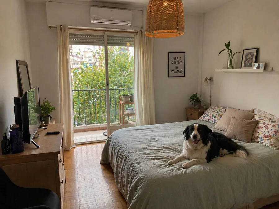 Perro descansando en un dormitorio hogareño