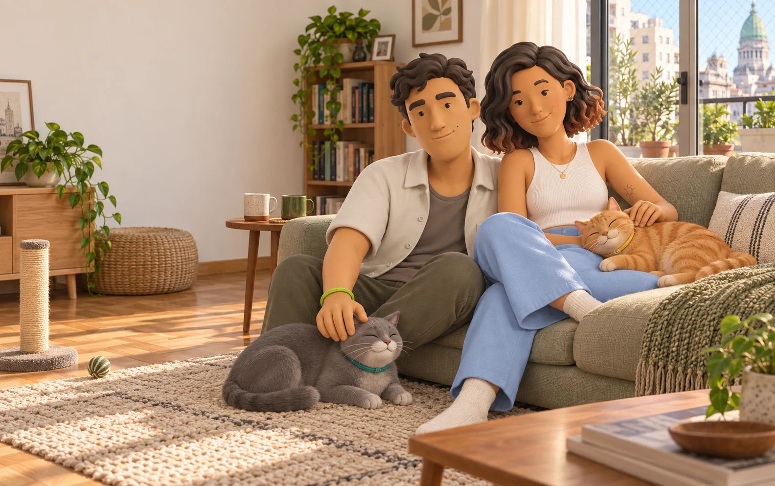 Escena ilustrada de hospedaje con una pareja cuidando dos gatos en su departamento.