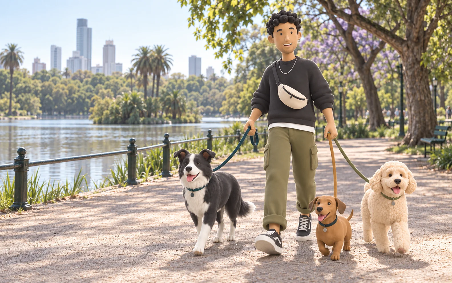 Escena ilustrada de un Bualker paseando tres perros en Bosques de Palermo.